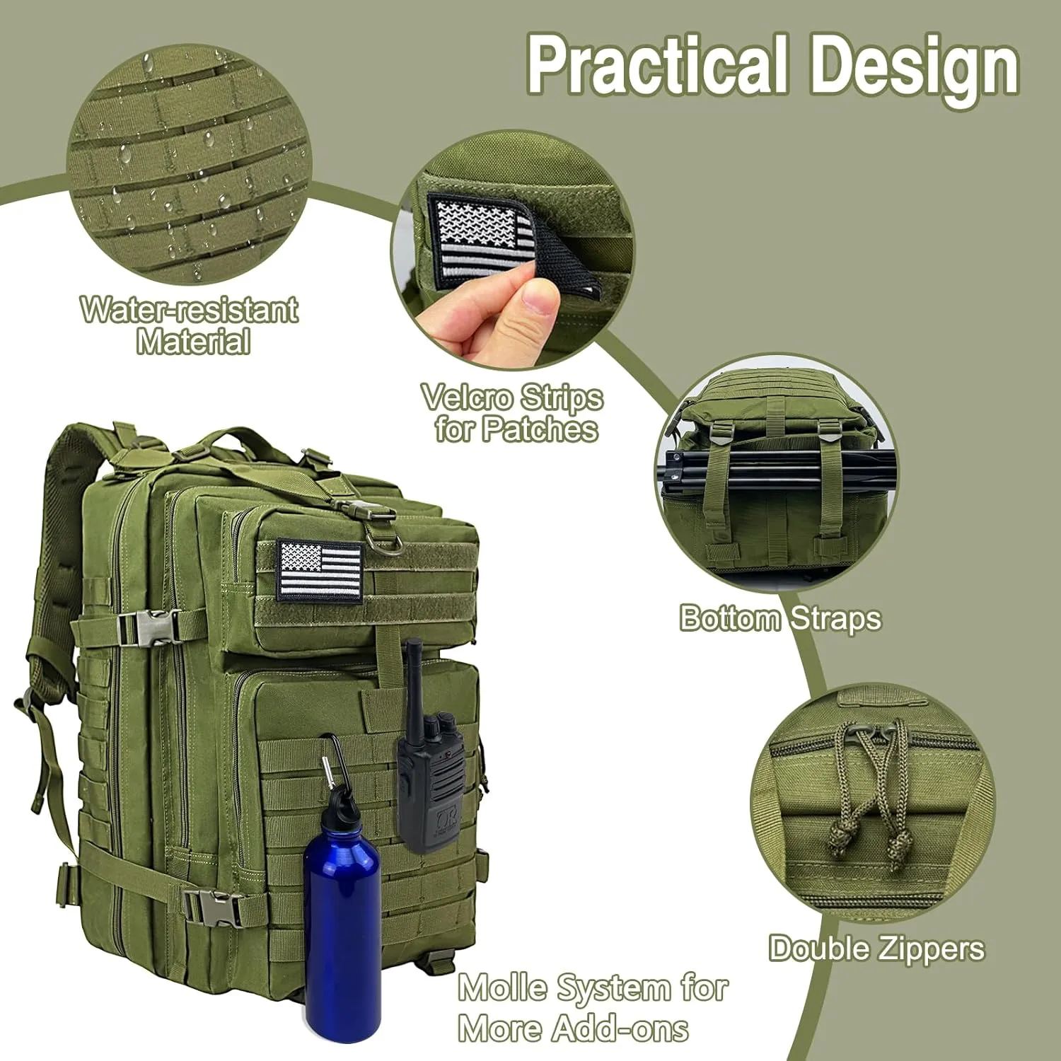 WOLT | Tactical Backpack for Men 45L Military Molle Backpack Large 3 Day Assault Pack Rucking Backpack for Hiking Survival(Army Green)