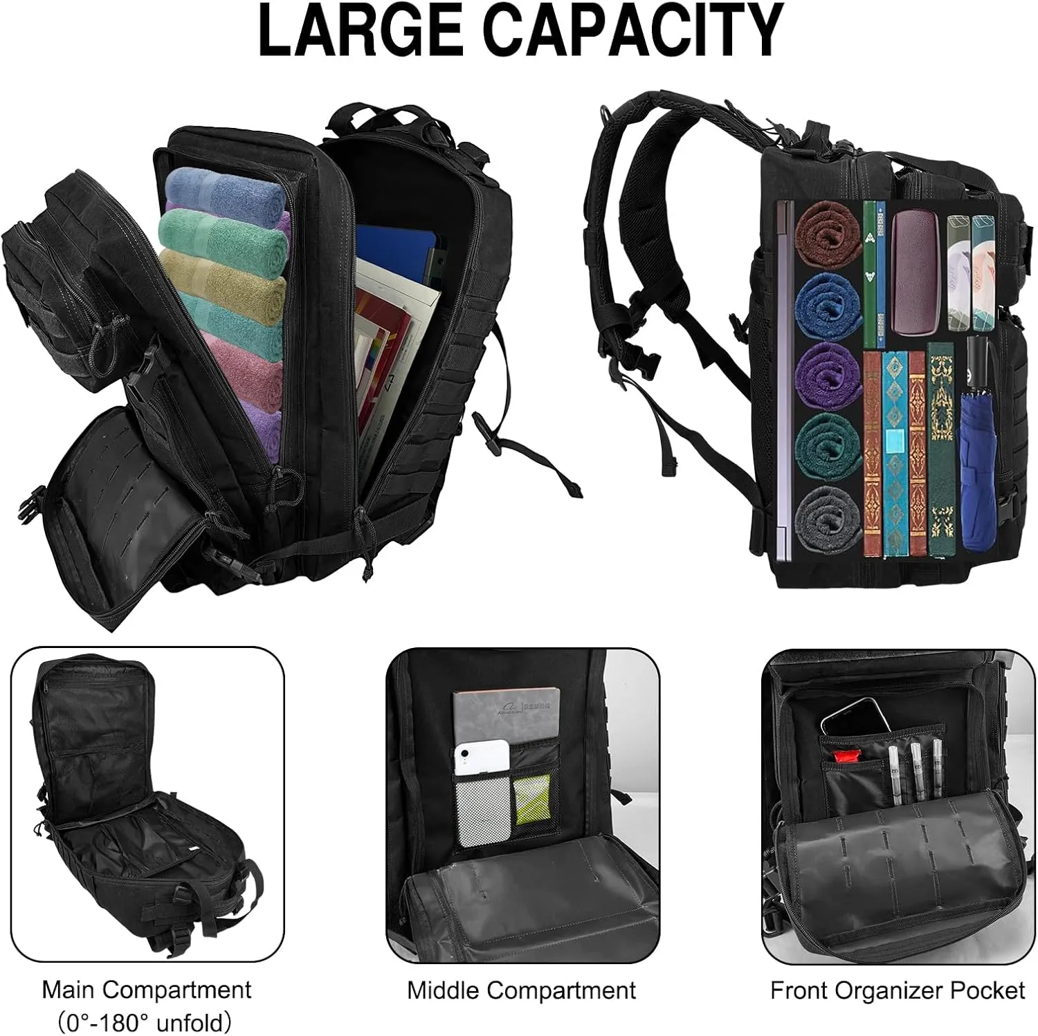 WOLT | Tactical Backpack for Men 45L Military Molle Backpack Large 3 Day Assault Pack Rucking Backpack for Hiking Survival(Black)