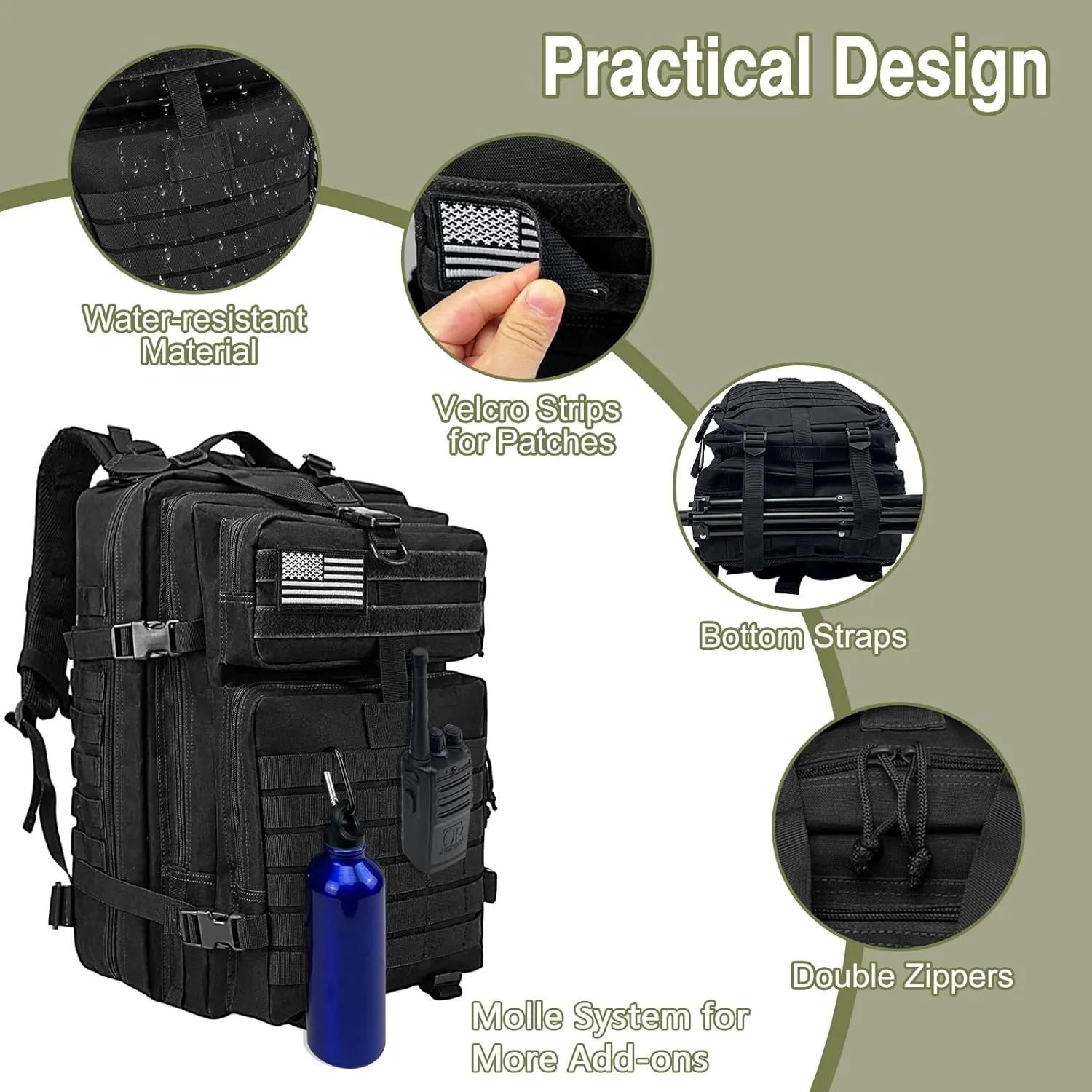 WOLT | Tactical Backpack for Men 45L Military Molle Backpack Large 3 Day Assault Pack Rucking Backpack for Hiking Survival(Black)