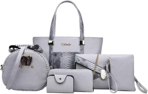 Women 6 Pcs Bag Set Stitching Handbag and Purse PU Top-handle Bag Tote Clutch Wallet Card Holder
