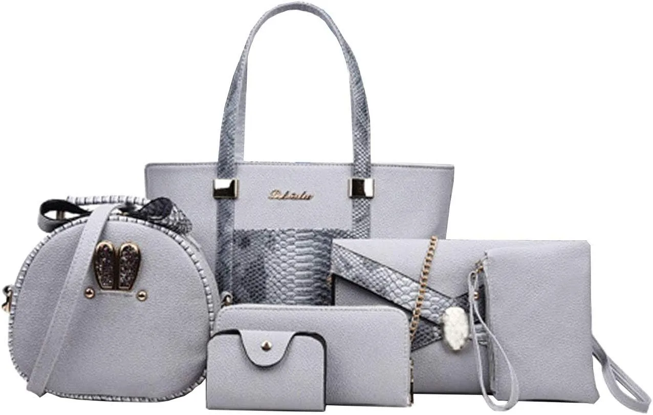 Women 6 Pcs Bag Set Stitching Handbag and Purse PU Top-handle Bag Tote Clutch Wallet Card Holder