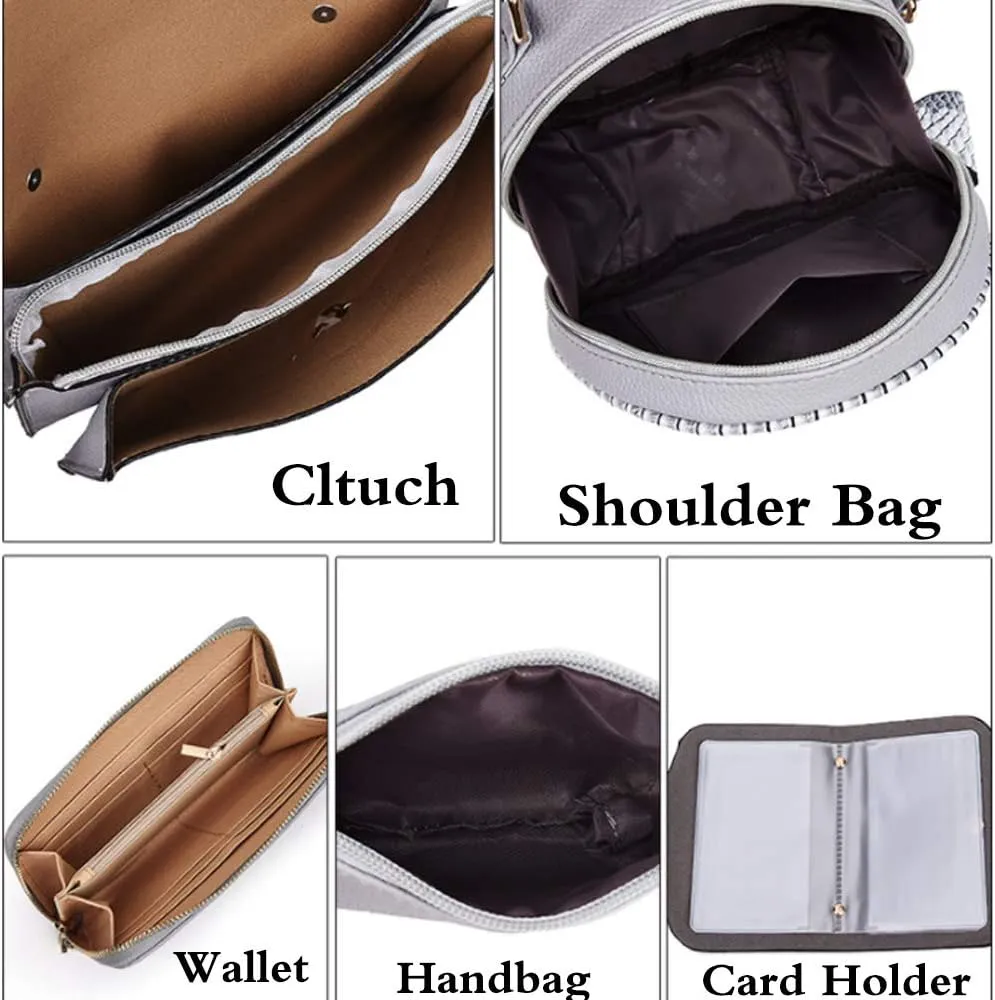 Women 6 Pcs Bag Set Stitching Handbag and Purse PU Top-handle Bag Tote Clutch Wallet Card Holder