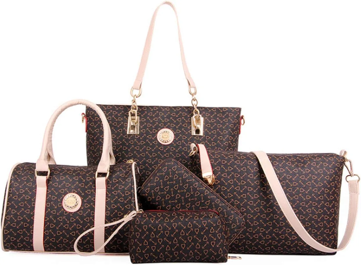 Women 6 Pcs Handbag Tote Stitching Shoulder Bag PU Top Handle Hobo Satchel Purse Clutch Wallet Key Holder