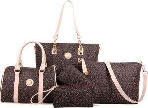 Women 6 Pcs Handbag Tote Stitching Shoulder Bag PU Top Handle Hobo Satchel Purse Clutch Wallet Key Holder