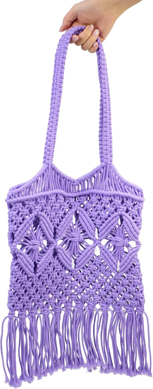 Women Bohemian Style Cotton Rope Beach Handbag Summer Tassel Hand-Woven Shoulder Bag for Vacation
