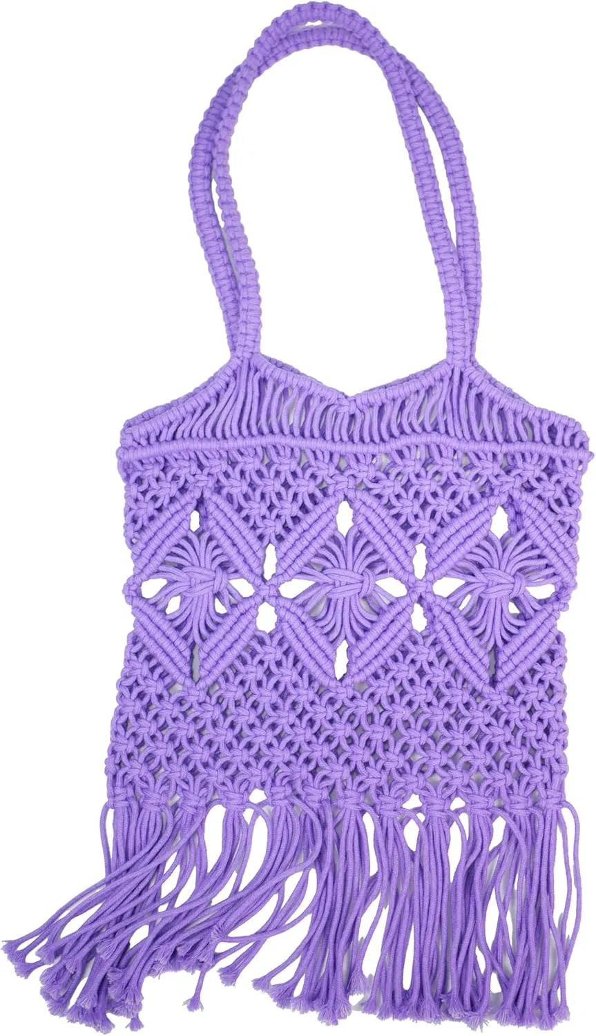 Women Bohemian Style Cotton Rope Beach Handbag Summer Tassel Hand-Woven Shoulder Bag for Vacation