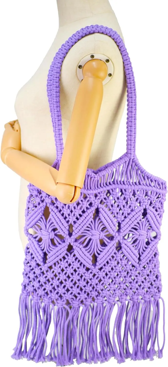 Women Bohemian Style Cotton Rope Beach Handbag Summer Tassel Hand-Woven Shoulder Bag for Vacation