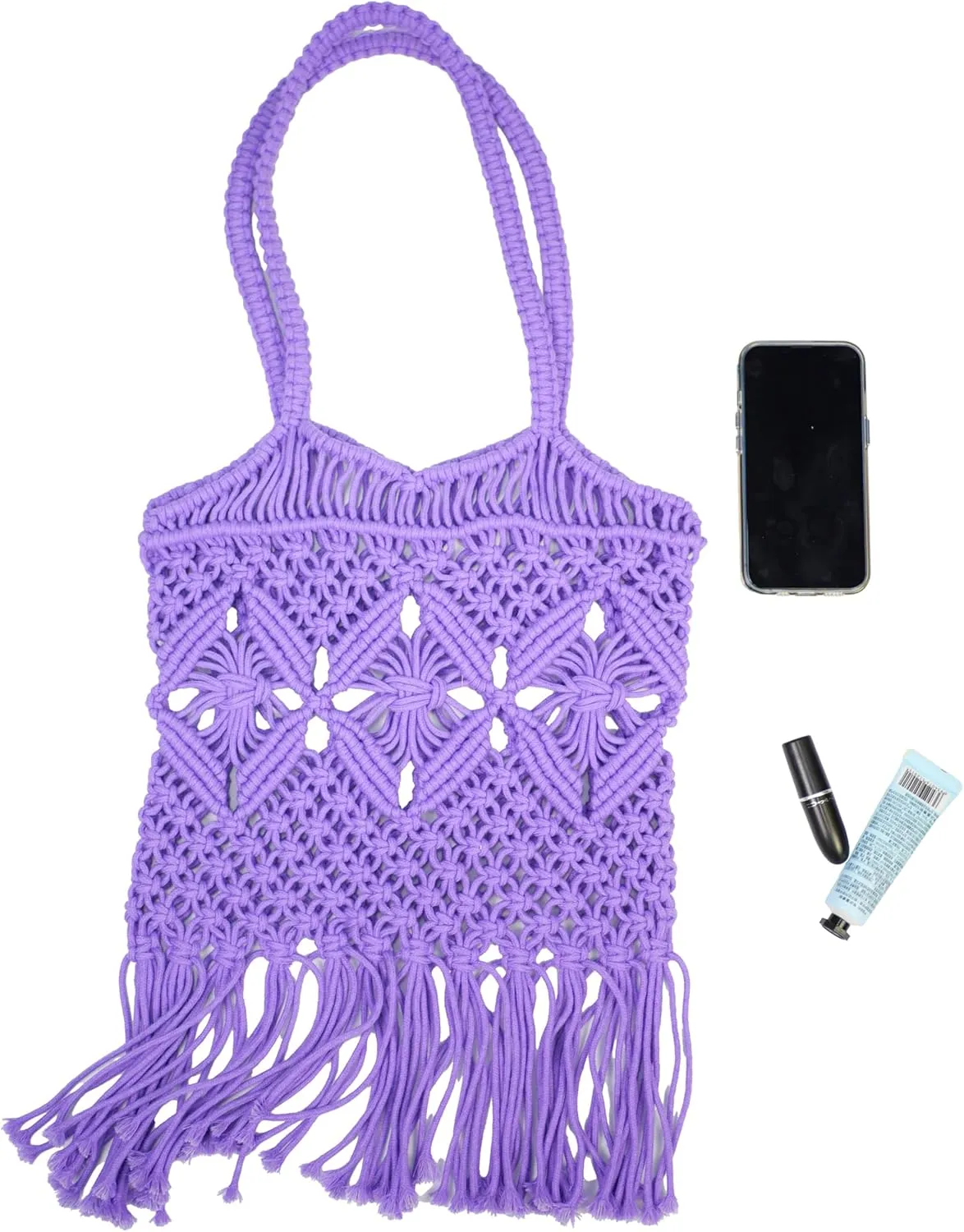 Women Bohemian Style Cotton Rope Beach Handbag Summer Tassel Hand-Woven Shoulder Bag for Vacation
