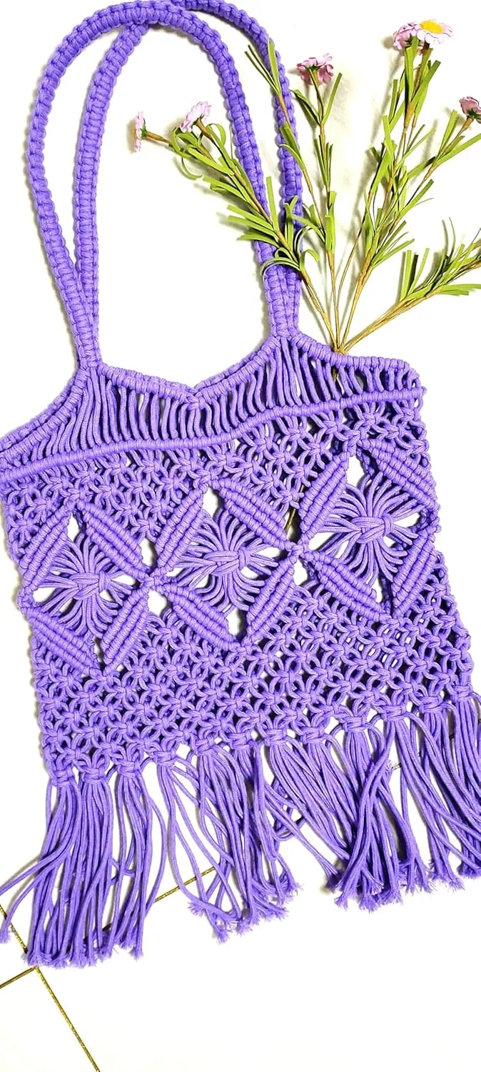 Women Bohemian Style Cotton Rope Beach Handbag Summer Tassel Hand-Woven Shoulder Bag for Vacation