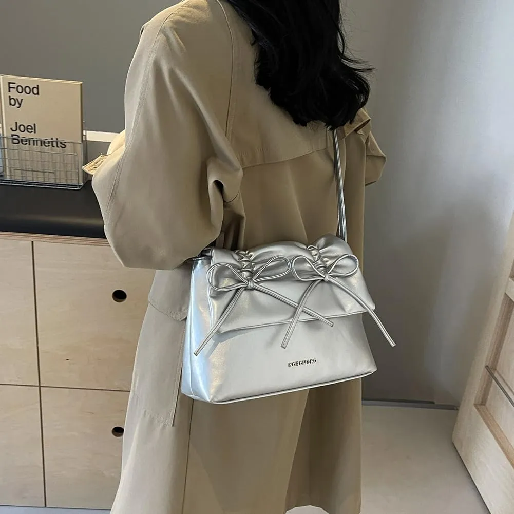 Women Bowknot Pu Shoulder Bag Casual Handbag With Flap Cover Retro Classic Purse With Adjustable Shoulder Strap La