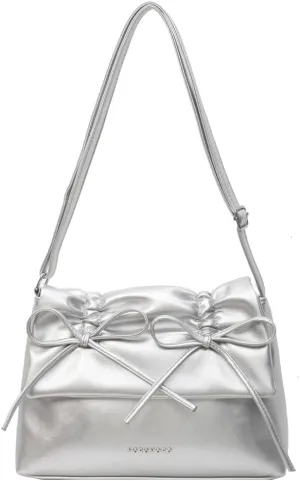 Women Bowknot Pu Shoulder Bag Casual Handbag With Flap Cover Retro Classic Purse With Adjustable Shoulder Strap La