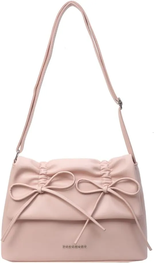 Women Bowknot Pu Shoulder Bag Casual Handbag With Flap Cover Retro Classic Purse With Adjustable Shoulder Strap La