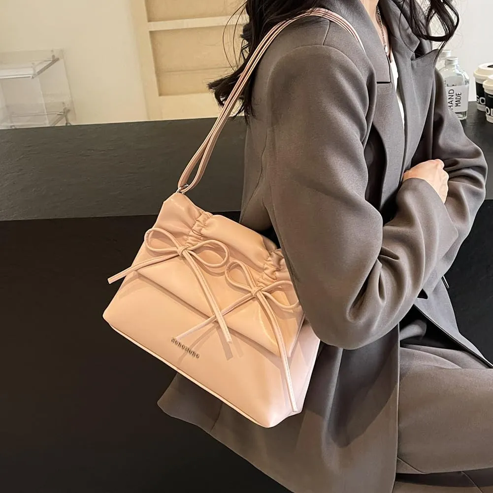 Women Bowknot Pu Shoulder Bag Casual Handbag With Flap Cover Retro Classic Purse With Adjustable Shoulder Strap La