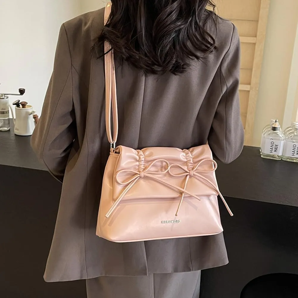 Women Bowknot Pu Shoulder Bag Casual Handbag With Flap Cover Retro Classic Purse With Adjustable Shoulder Strap La