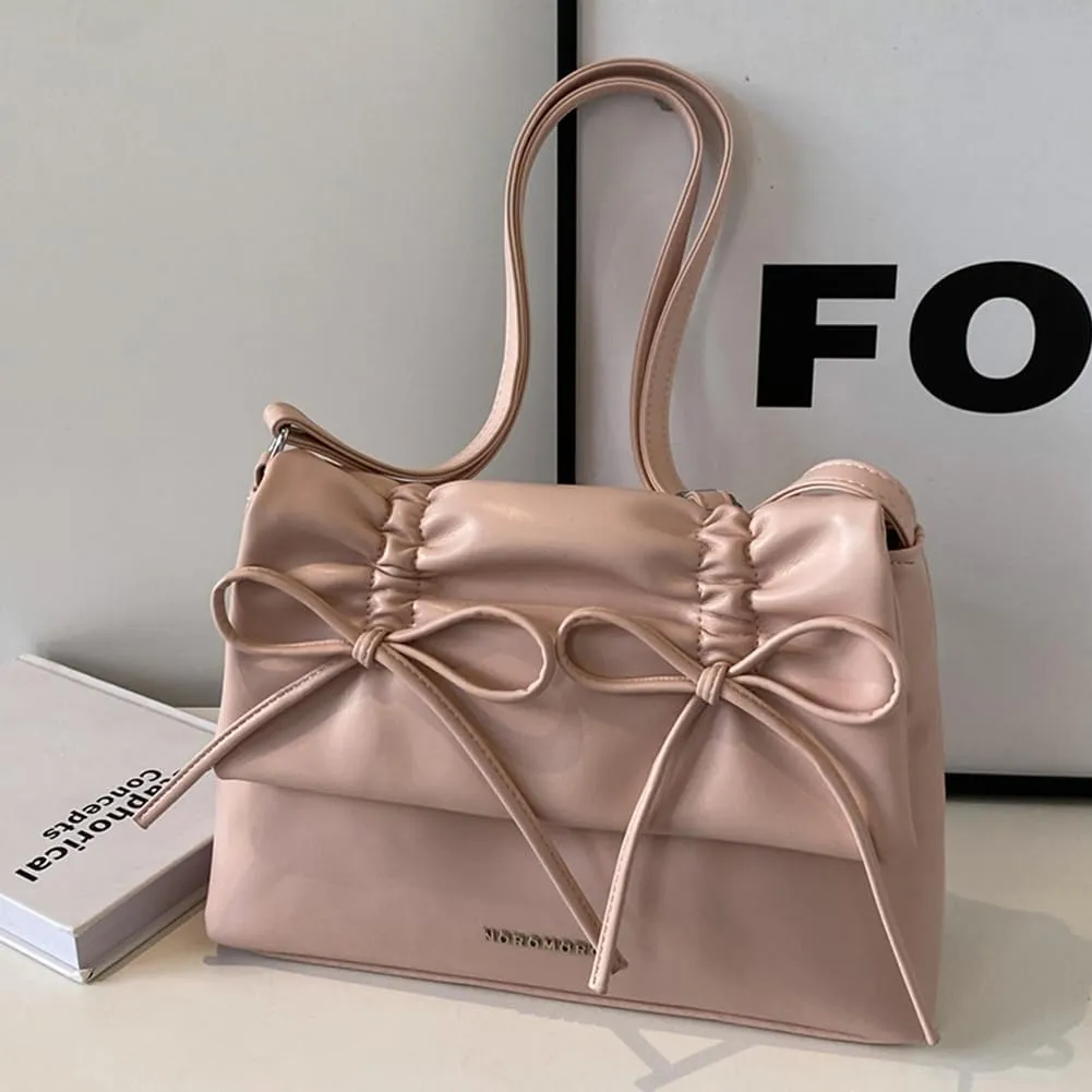 Women Bowknot Pu Shoulder Bag Casual Handbag With Flap Cover Retro Classic Purse With Adjustable Shoulder Strap La