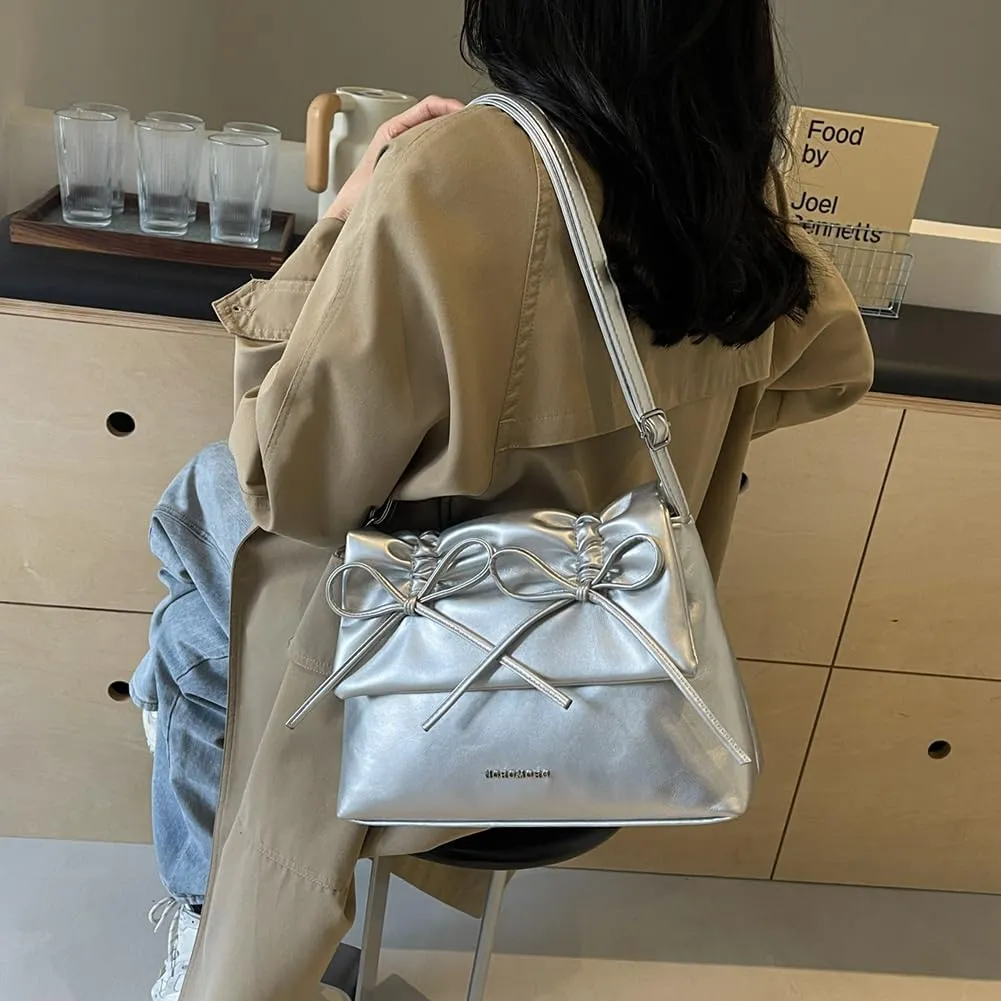 Women Bowknot Pu Shoulder Bag Casual Handbag With Flap Cover Retro Classic Purse With Adjustable Shoulder Strap La