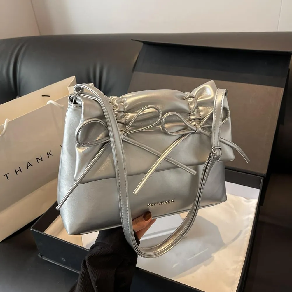 Women Bowknot Pu Shoulder Bag Casual Handbag With Flap Cover Retro Classic Purse With Adjustable Shoulder Strap La