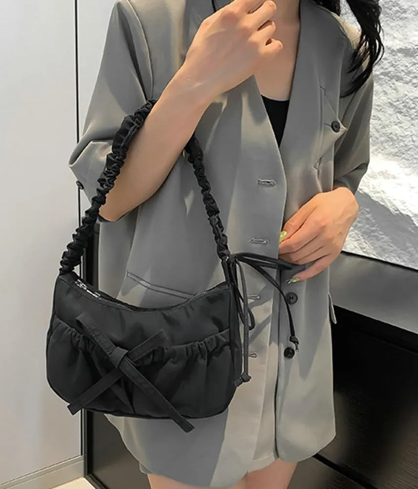 Women Bowknot Shoulder Bag Trendy Nylon Hobo Bag Tote Bag Cute Top Handle Handbag Purse