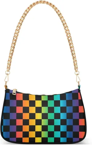 Women Chain Shoulder Purse Bag With Zipper Gridding Cool Iridescence Print, Colorful Chessboard Hobo Tote Clutch Handbags with Chain Strap