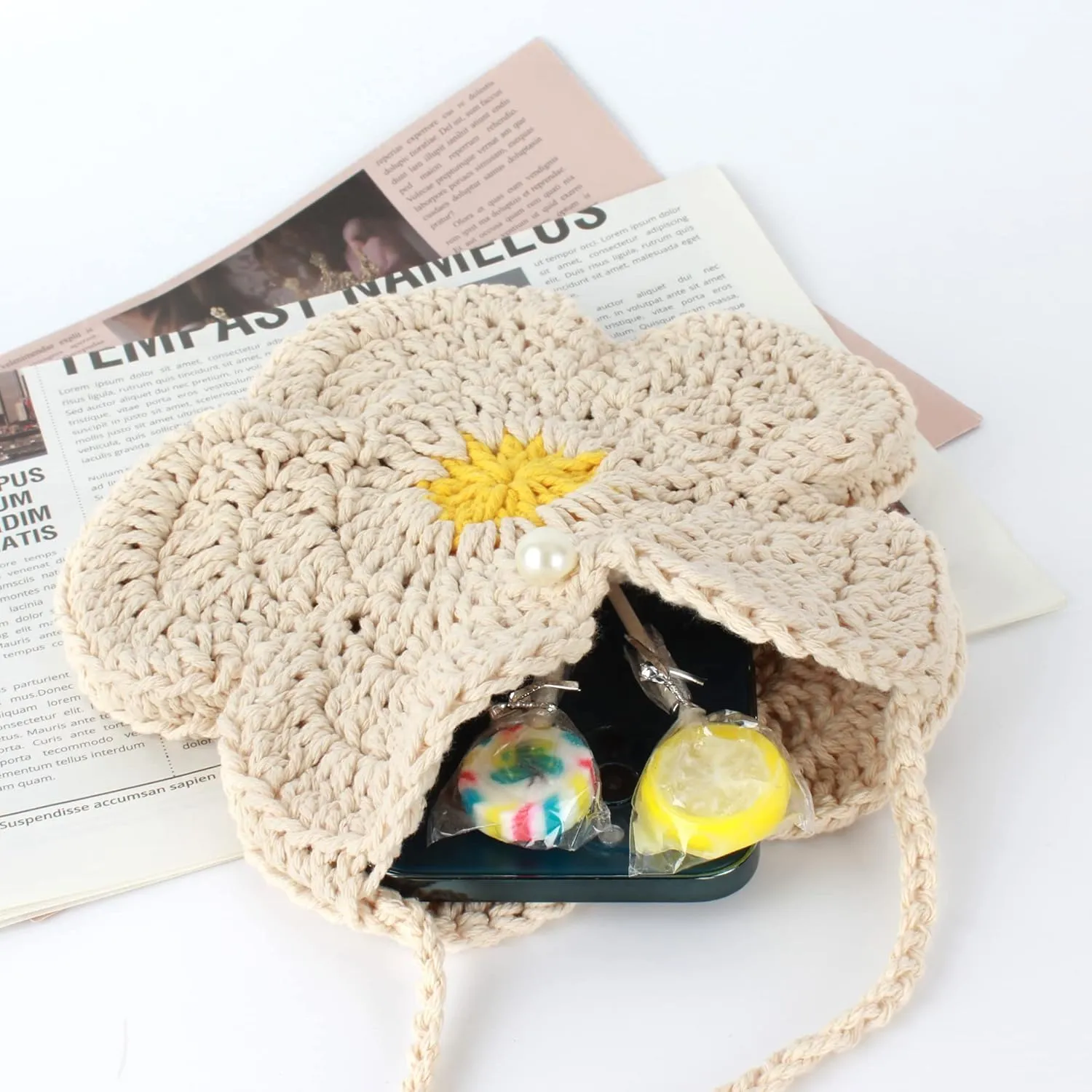 Women Girls Mini Flower Cotton Crochet Crossbody Shoulder Bag Handbag Purse