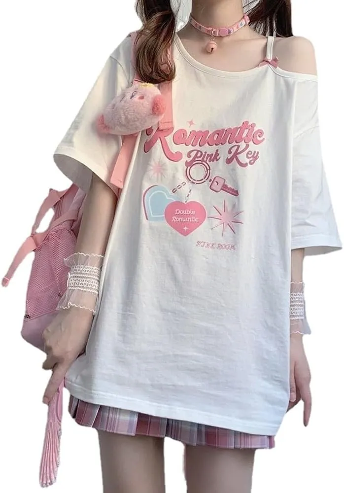 Women Kawaii Off Shoulder T-Shirt Harajuku Sweet Girl White Tops Y2k Aesthetic Cute Graphic Tees Japanese Fashion Shirt