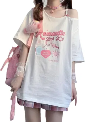 Women Kawaii Off Shoulder T-Shirt Harajuku Sweet Girl White Tops Y2k Aesthetic Cute Graphic Tees Japanese Fashion Shirt