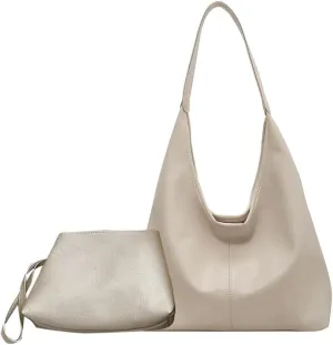 Women Leather Shoulder Bag Versatile Hobo Bag and Clutch Casual 2pcs Shoulder Bag and Handbag Set Satchel Hobo Bag