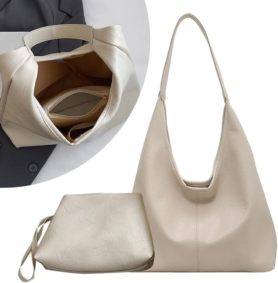 Women Leather Shoulder Bag Versatile Hobo Bag and Clutch Casual 2pcs Shoulder Bag and Handbag Set Satchel Hobo Bag