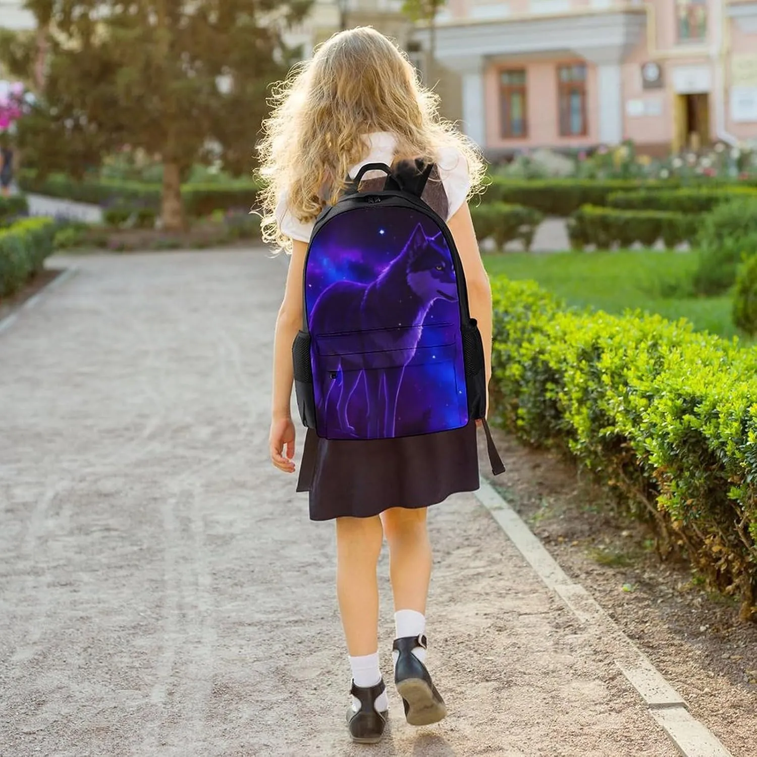 Women Men Polyester Blue Universe Galaxy Magic Wolf In The Space Art Casual Daypack Large Capacity Bookbag With Side Pockets for Sports Picnic Walking Cycling