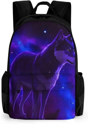 Women Men Polyester Blue Universe Galaxy Magic Wolf In The Space Art Casual Daypack Large Capacity Bookbag With Side Pockets for Sports Picnic Walking Cycling