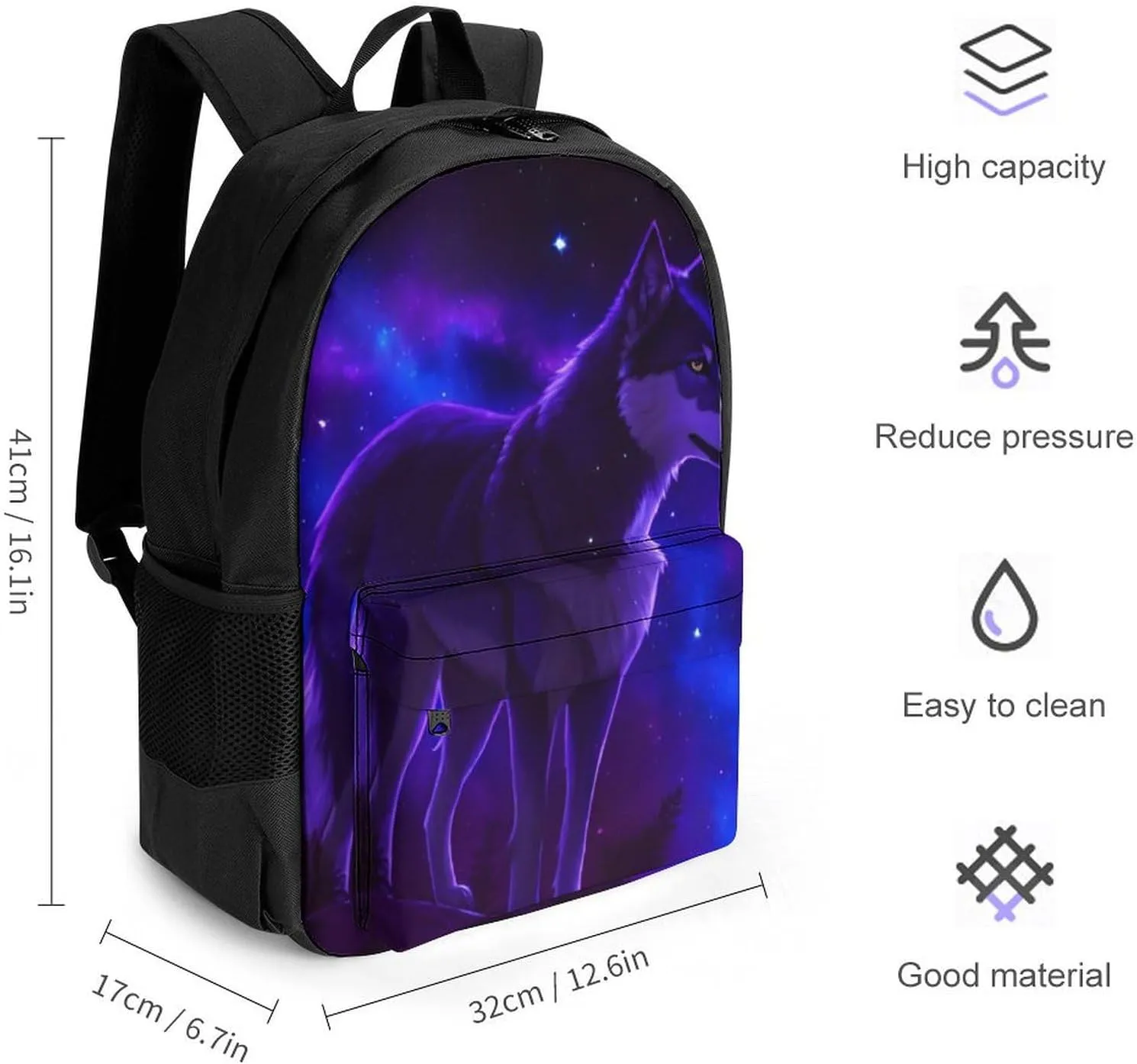 Women Men Polyester Blue Universe Galaxy Magic Wolf In The Space Art Casual Daypack Large Capacity Bookbag With Side Pockets for Sports Picnic Walking Cycling