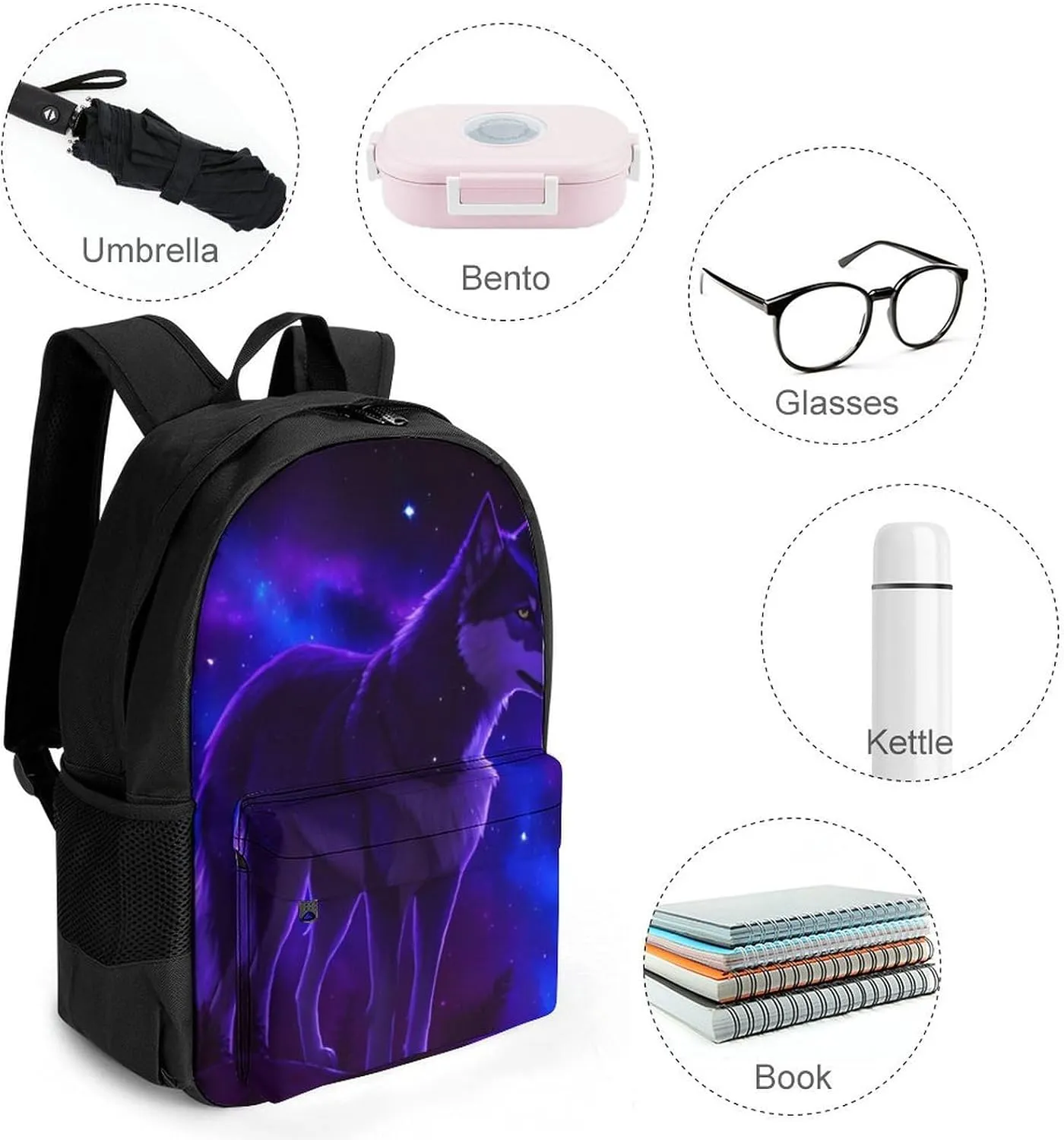 Women Men Polyester Blue Universe Galaxy Magic Wolf In The Space Art Casual Daypack Large Capacity Bookbag With Side Pockets for Sports Picnic Walking Cycling