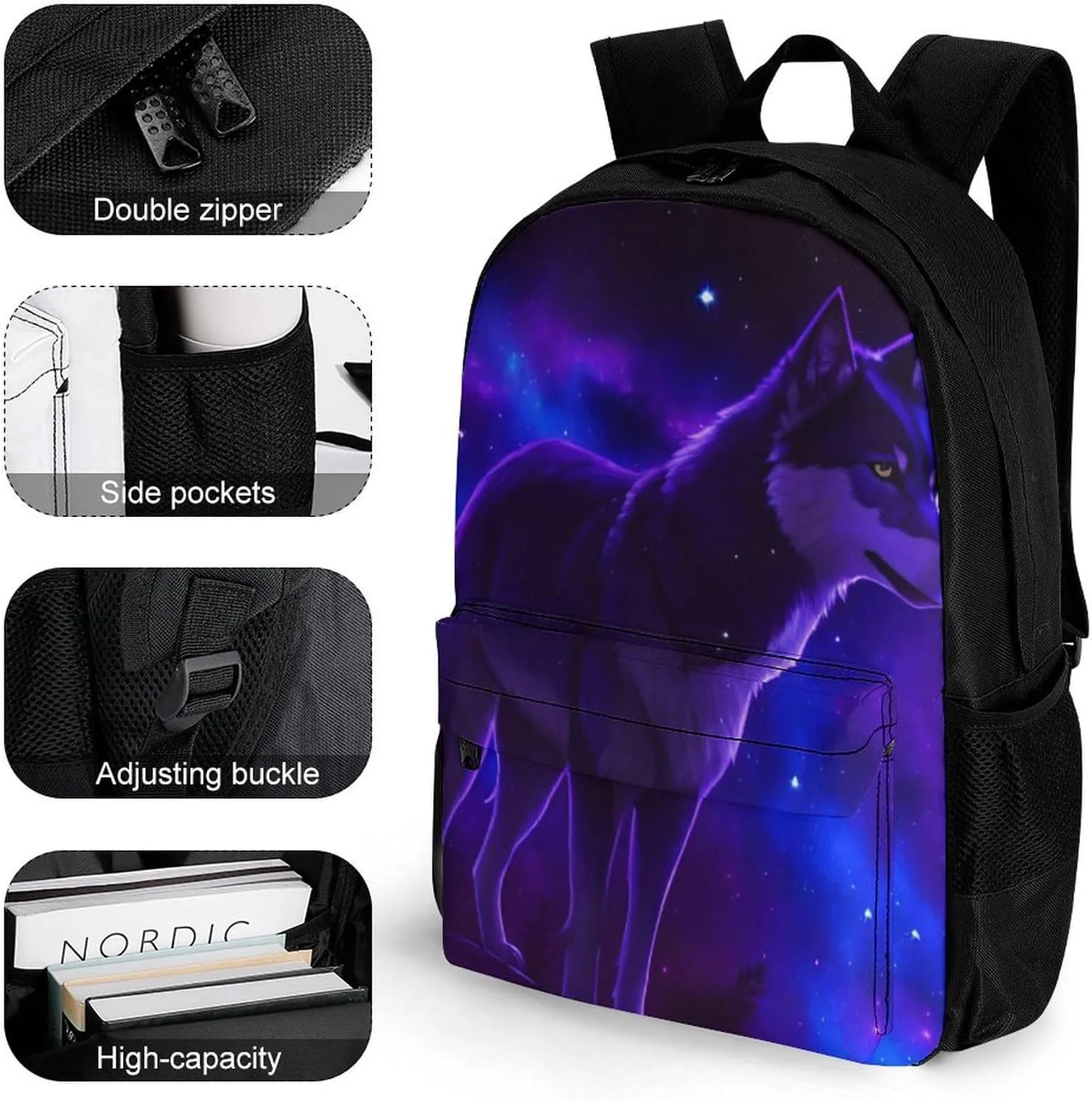 Women Men Polyester Blue Universe Galaxy Magic Wolf In The Space Art Casual Daypack Large Capacity Bookbag With Side Pockets for Sports Picnic Walking Cycling