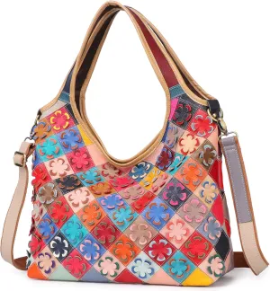 Women Multicoloured Handbag Leather Hollow Stitching Shoulder Satchel Purse Tote