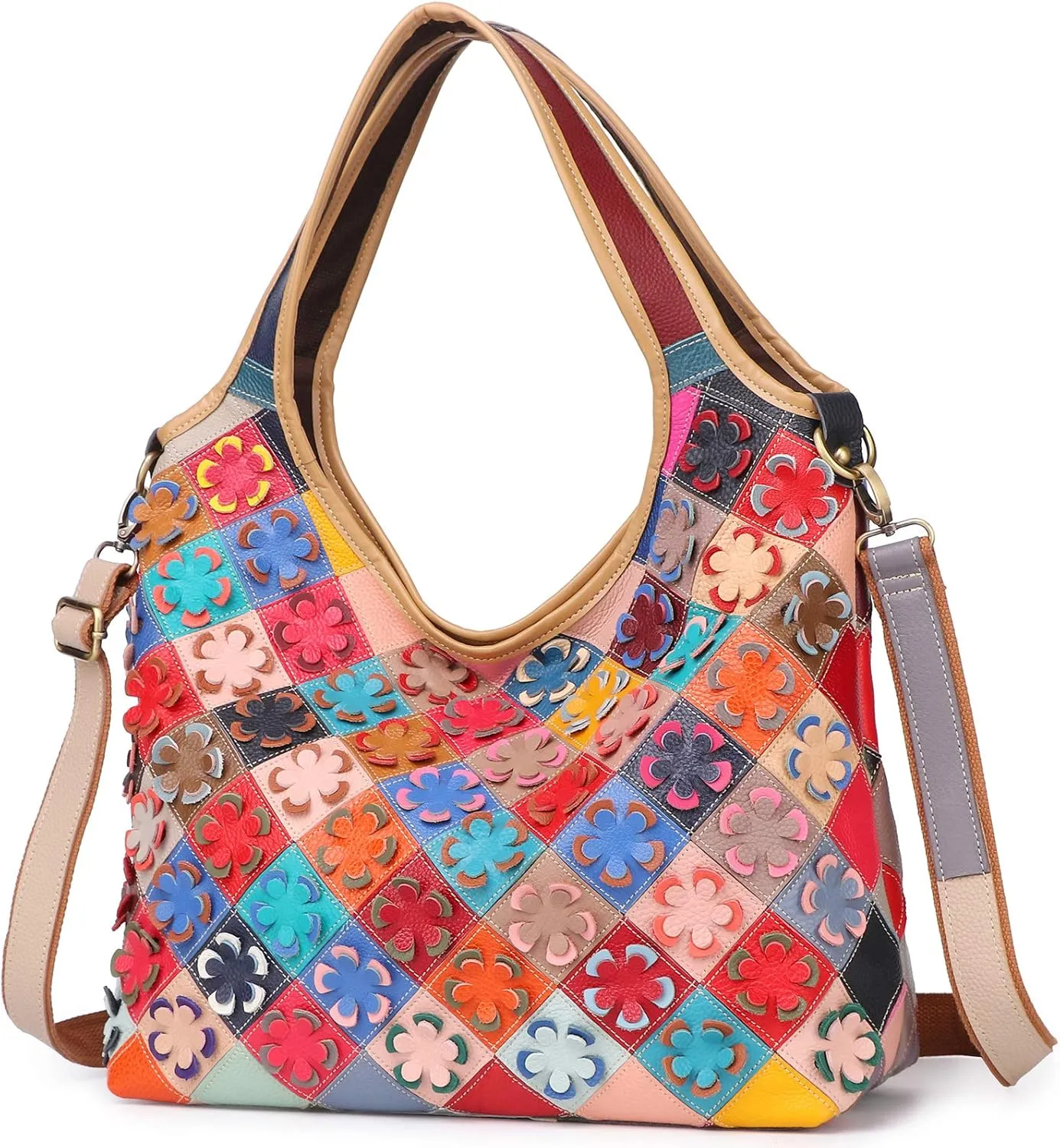Women Multicoloured Handbag Leather Hollow Stitching Shoulder Satchel Purse Tote