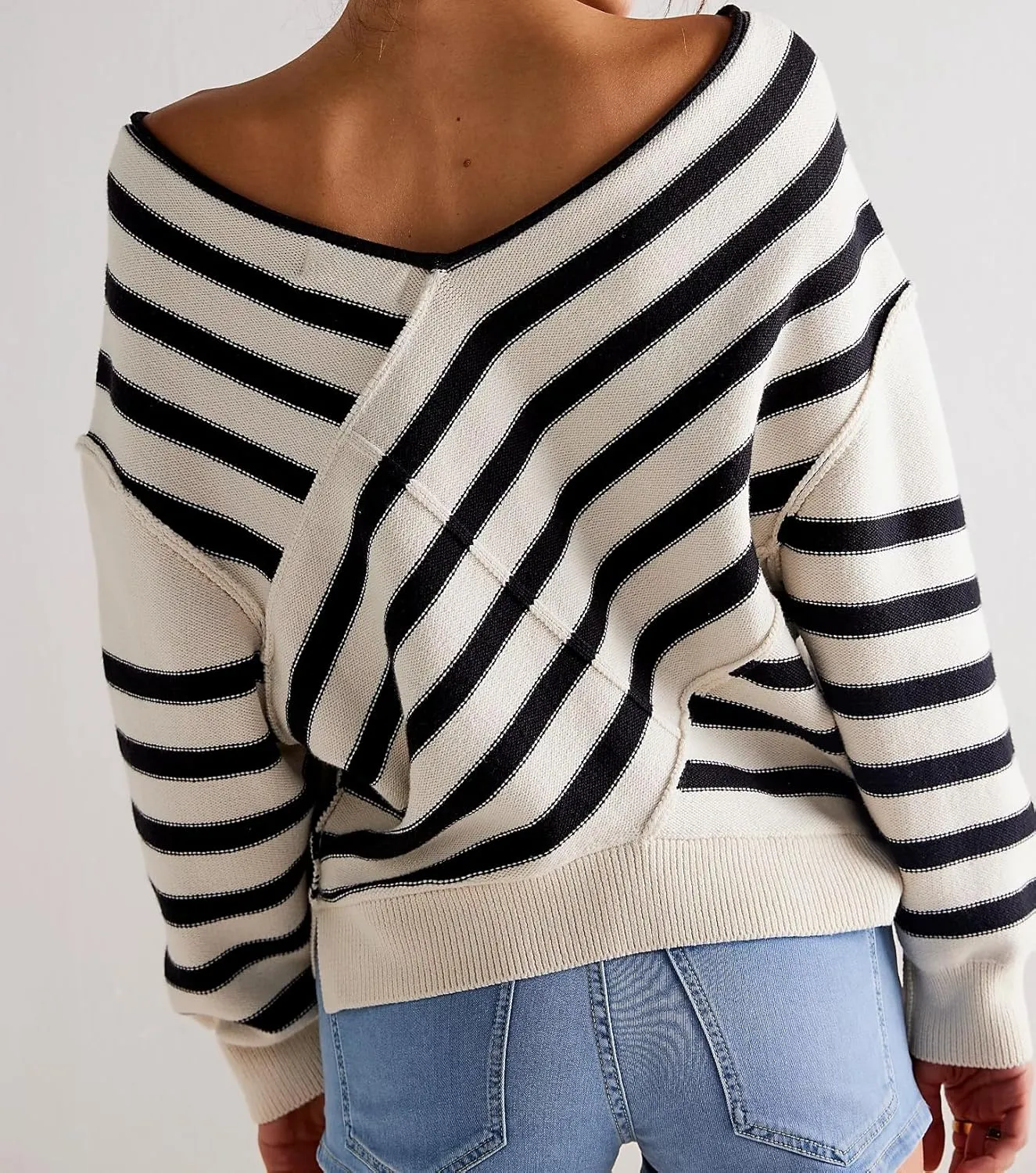 Women Oversized Off The Shoulder Sweaters Tops Long Sleeve Striped Knit Pullover Drop Shoulder Color Block Sweater