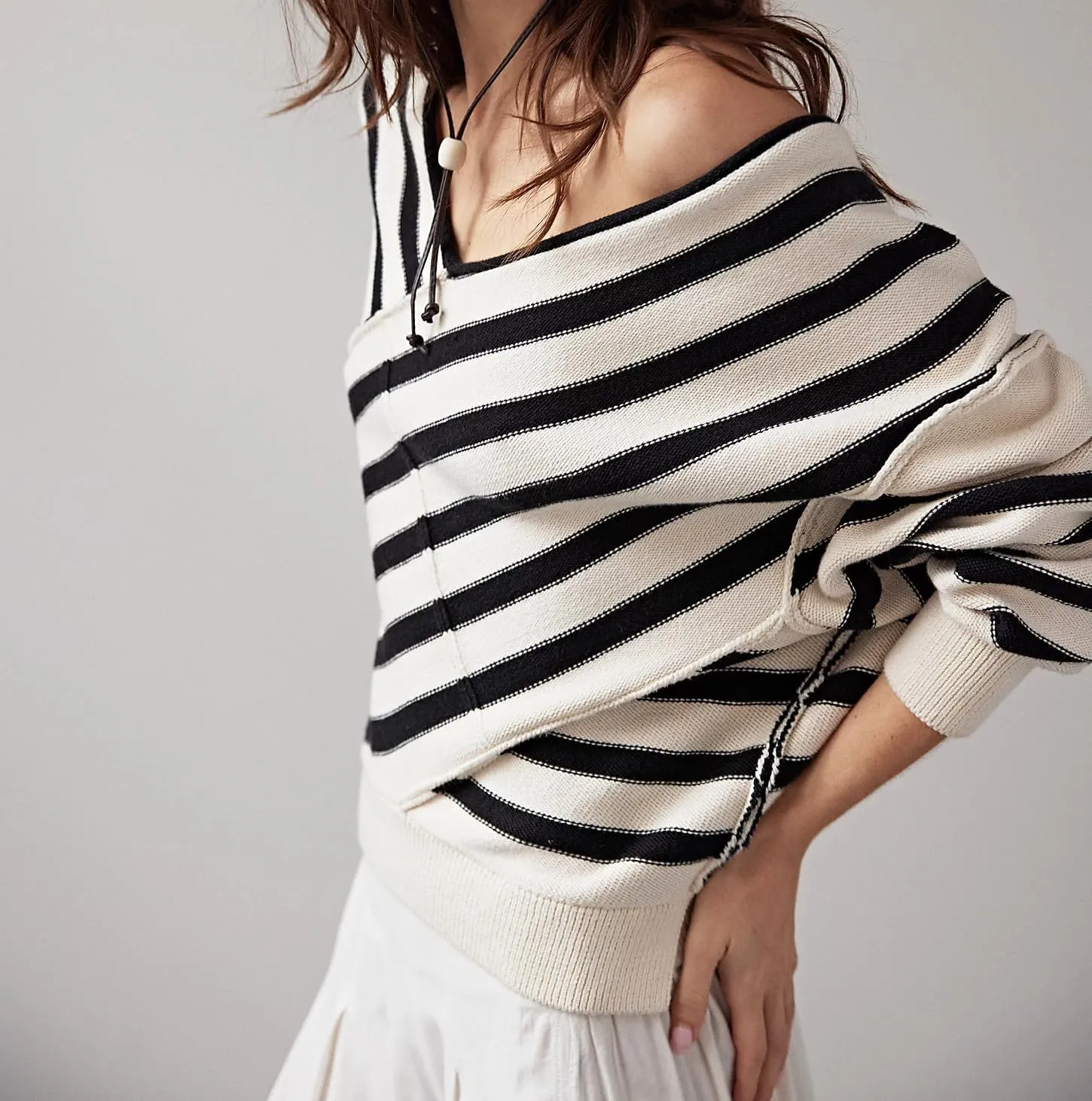 Women Oversized Off The Shoulder Sweaters Tops Long Sleeve Striped Knit Pullover Drop Shoulder Color Block Sweater