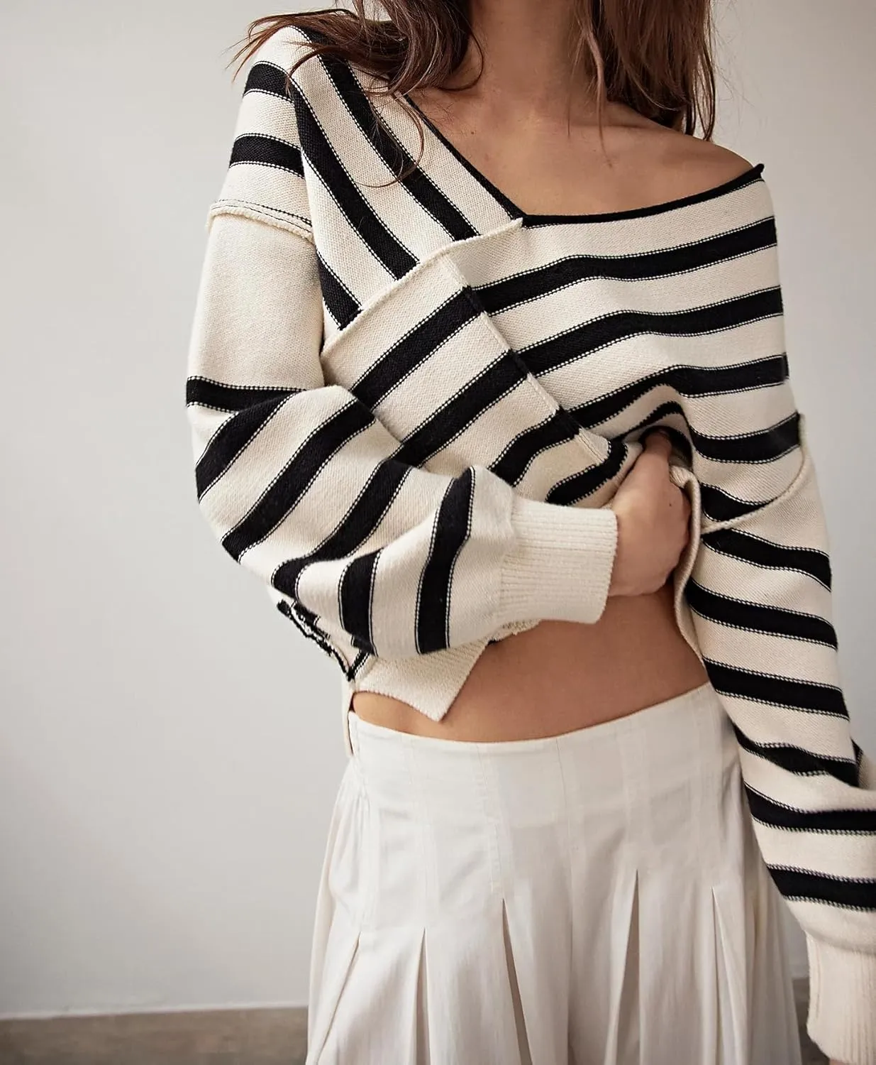 Women Oversized Off The Shoulder Sweaters Tops Long Sleeve Striped Knit Pullover Drop Shoulder Color Block Sweater