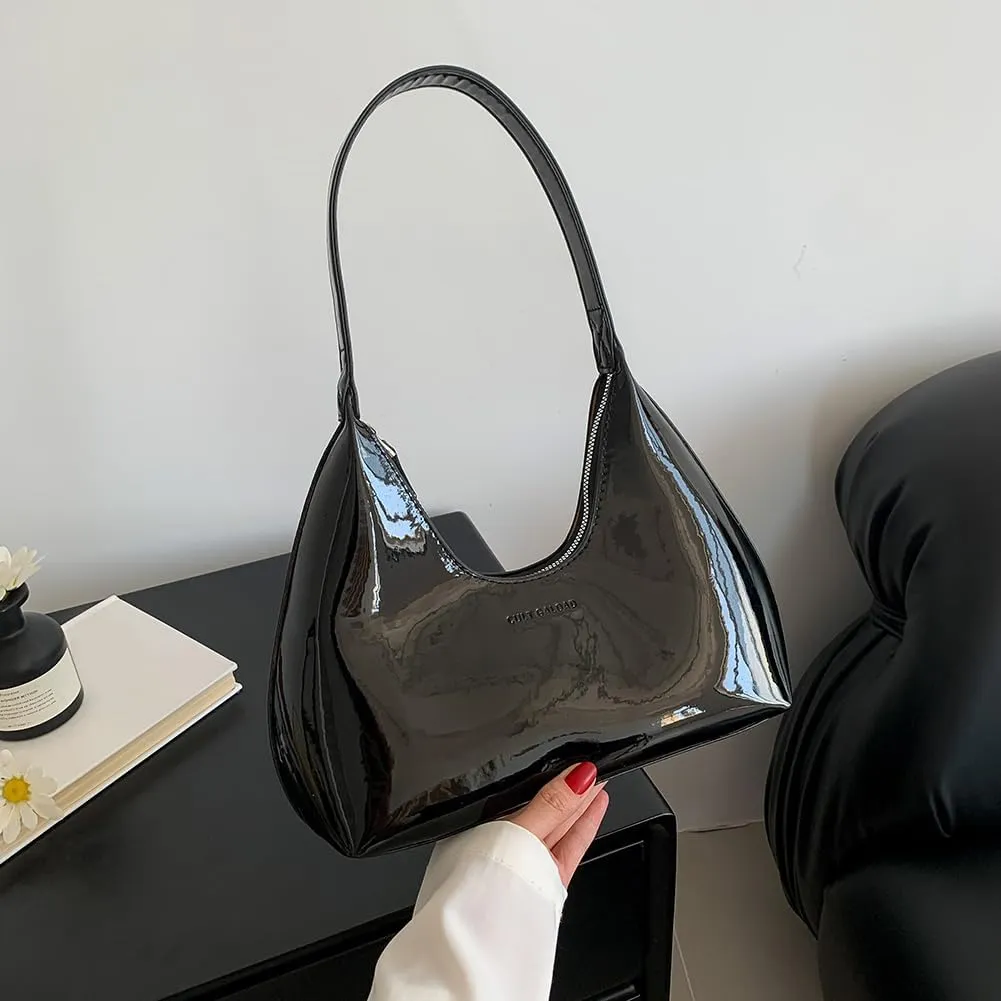Women Patent Leather Tote Bag Versatile Crescent Bag Casual Fashion Shoulder Bag Satchel Hobo Bag Girl Shopper Pur