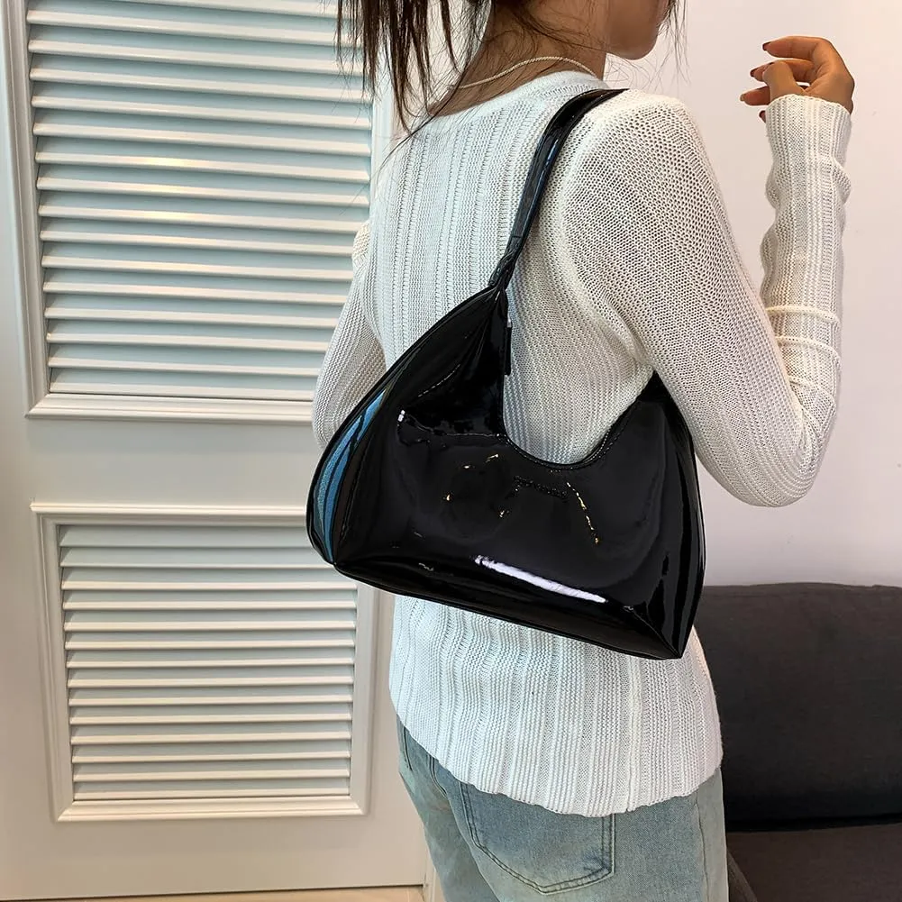 Women Patent Leather Tote Bag Versatile Crescent Bag Casual Fashion Shoulder Bag Satchel Hobo Bag Girl Shopper Pur
