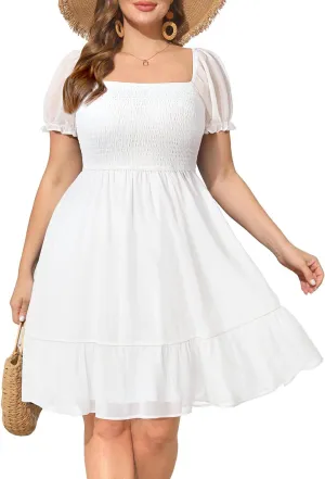 Women Plus Size Square Neck Puff Sleeve Babydoll Summer Chiffon Swiss Dot Flowy Short Smocked Dress
