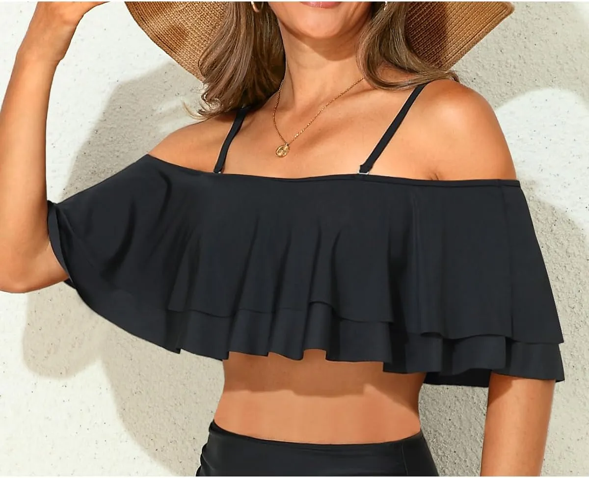 Women Ruffle Bikini Top Double Layer Flounce Swimsuit Off Shoulder Bathing Suit top Only