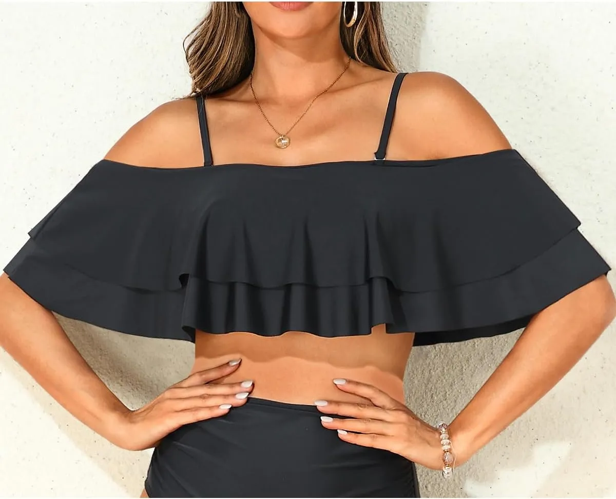 Women Ruffle Bikini Top Double Layer Flounce Swimsuit Off Shoulder Bathing Suit top Only