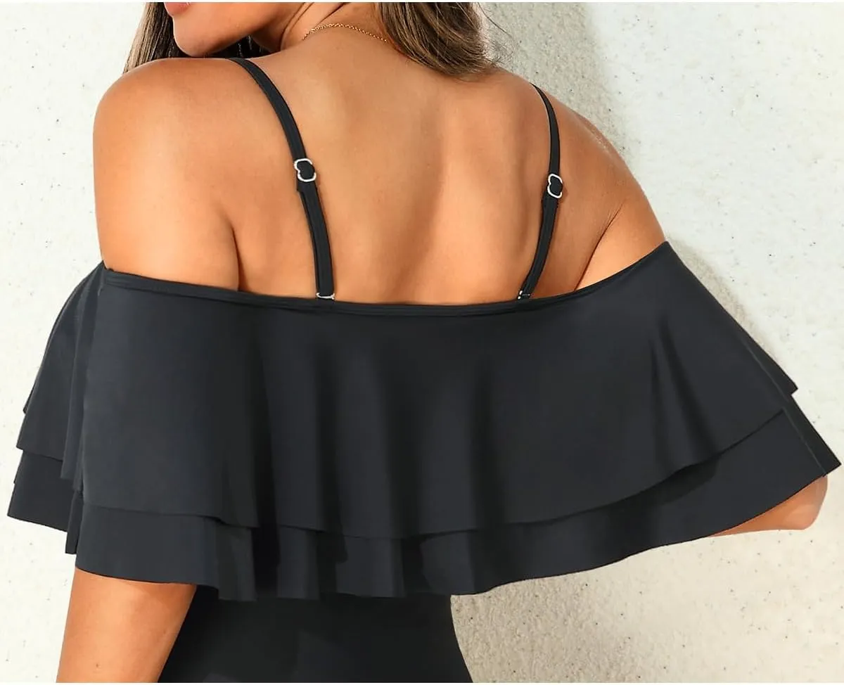 Women Ruffle Bikini Top Double Layer Flounce Swimsuit Off Shoulder Bathing Suit top Only