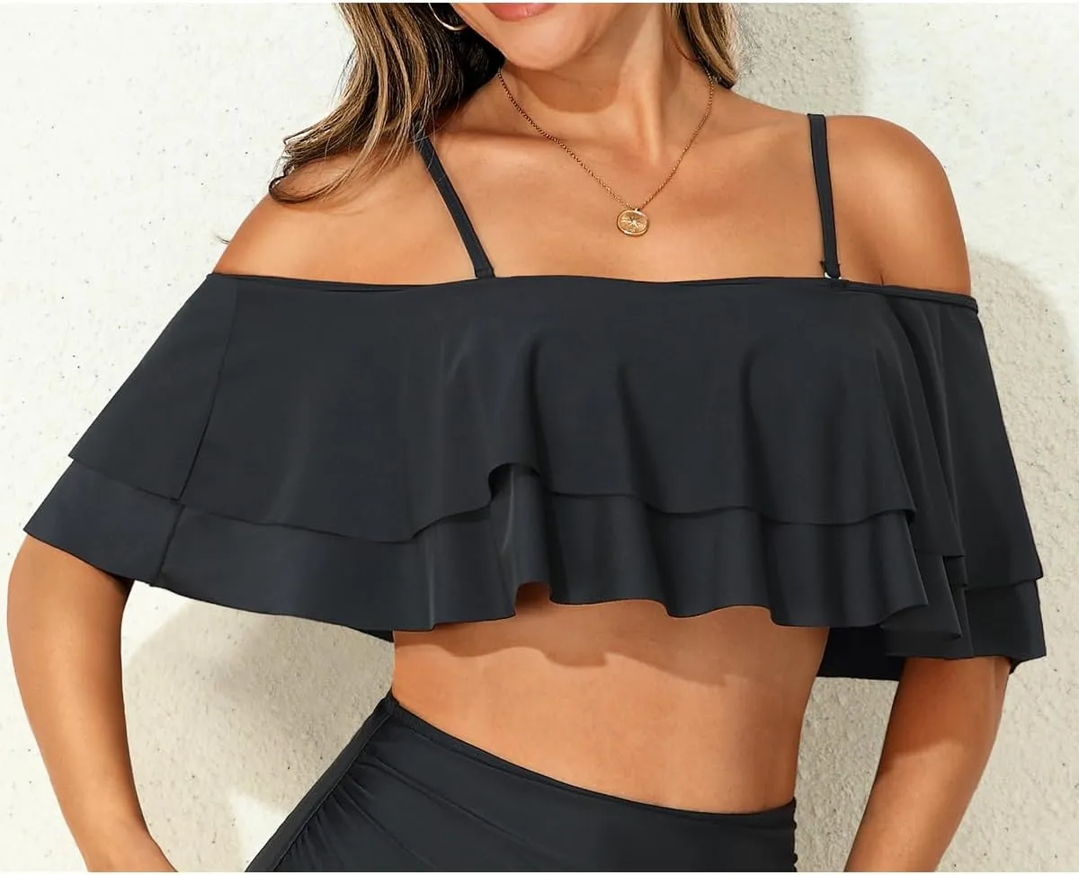 Women Ruffle Bikini Top Double Layer Flounce Swimsuit Off Shoulder Bathing Suit top Only