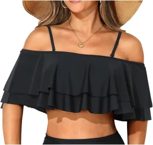Women Ruffle Bikini Top Double Layer Flounce Swimsuit Off Shoulder Bathing Suit top Only