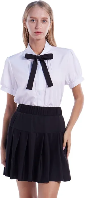 Women Short Sleeve Peter Pan Collar Blouse Kawaii Girls School Uniform White Shirt Lady Bowknot OL Button-Down Shirts