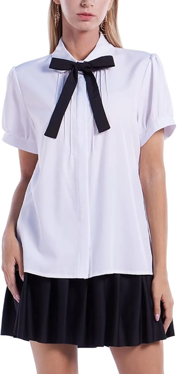 Women Short Sleeve Peter Pan Collar Blouse Kawaii Girls School Uniform White Shirt Lady Bowknot OL Button-Down Shirts