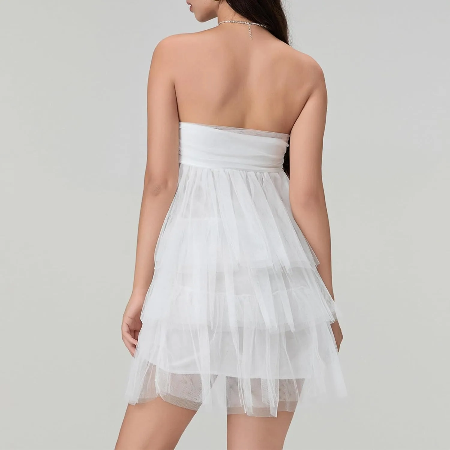 Women Strapless Tulle Puffy Mini Dresses Off Shoulder Layered Ruffle Hem Cake Dress Solid Color Princess Dress