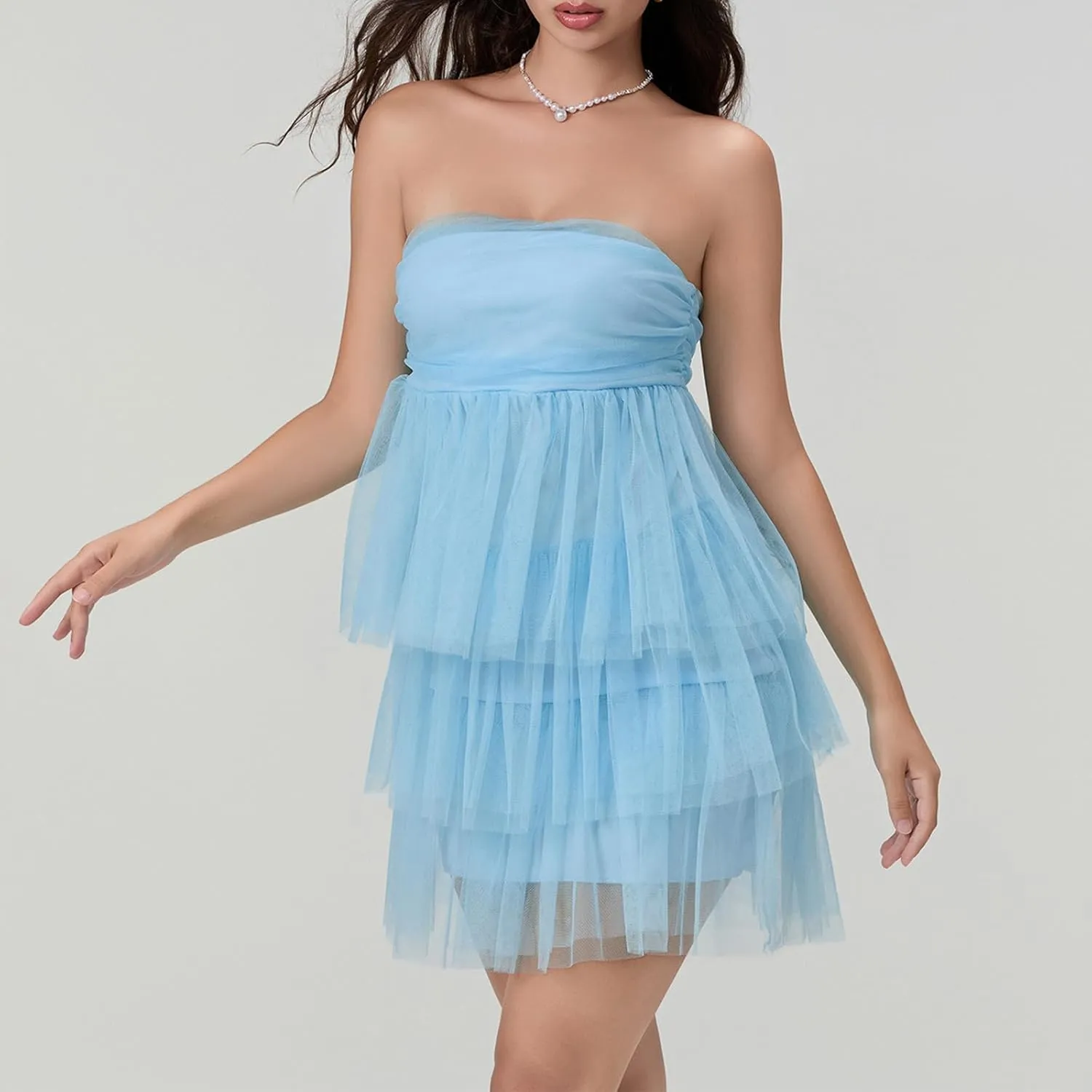 Women Strapless Tulle Puffy Mini Dresses Off Shoulder Layered Ruffle Hem Cake Dress Solid Color Princess Dress